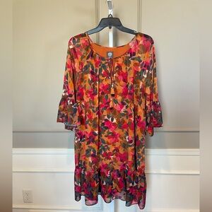 Vince Camuto NWT 22W Dress Midi Floral Sheer Peasant Bohemian Orange Green $158